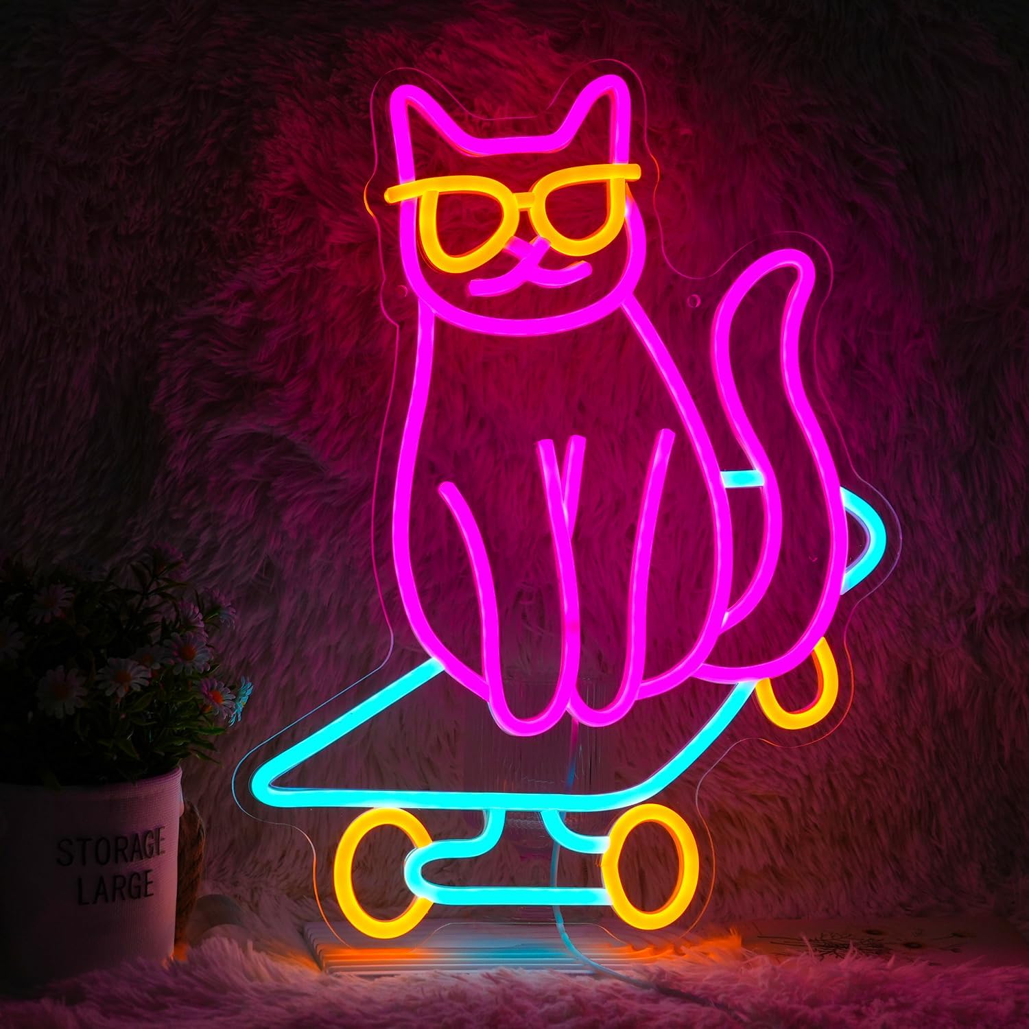 Placa de Neon de Gato de Skate
