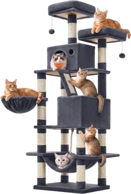 Feandrea Árvore para Gatos 168 cm, Torre Grande com 13 Postes Arranhadores, 1 Rampa, 2 Poleiros, 2 Tocas, Cesta, Rede, Pompom, Cinza Fumê BRPCT165G01V1